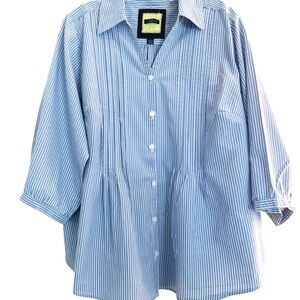 Avenue Women’s Collar Blue White Stripe Pleat Button Down 3/4 Sleeve Top 18/20
